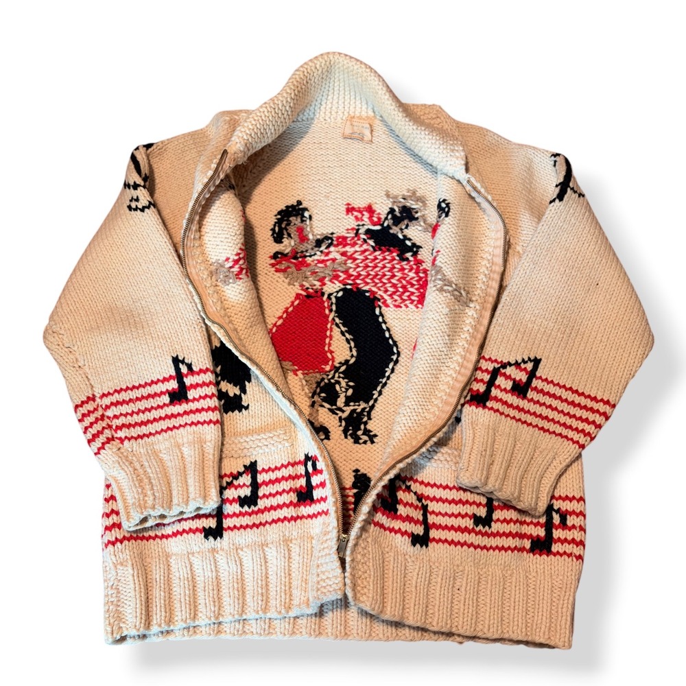 Vintage Cowichan Cardigan Sweater 50s 60s Music Notes Dancing Couple Cream Red L - Picture 4 of 13